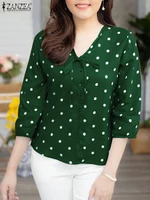 ZANZEA 2025 Summer Polka Dot Bohemian Blouse Fashion 3/4 Puff Sleeve Shirts Casual Loose Lace Up Tops Tunics Blusas Femininas - Image 3