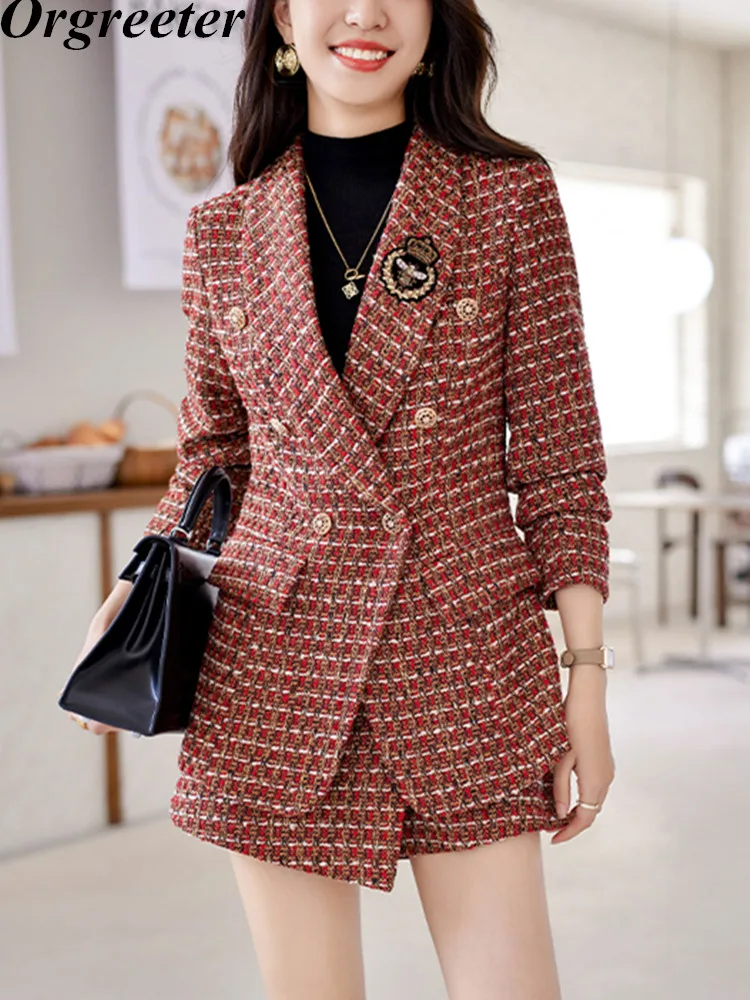 

High Quality Small fragrant wind Tweed Blazer Skirt Sets 2023 Autumn Winter Jacket Women's Mini Skirt 2 Piece Set Outfits
