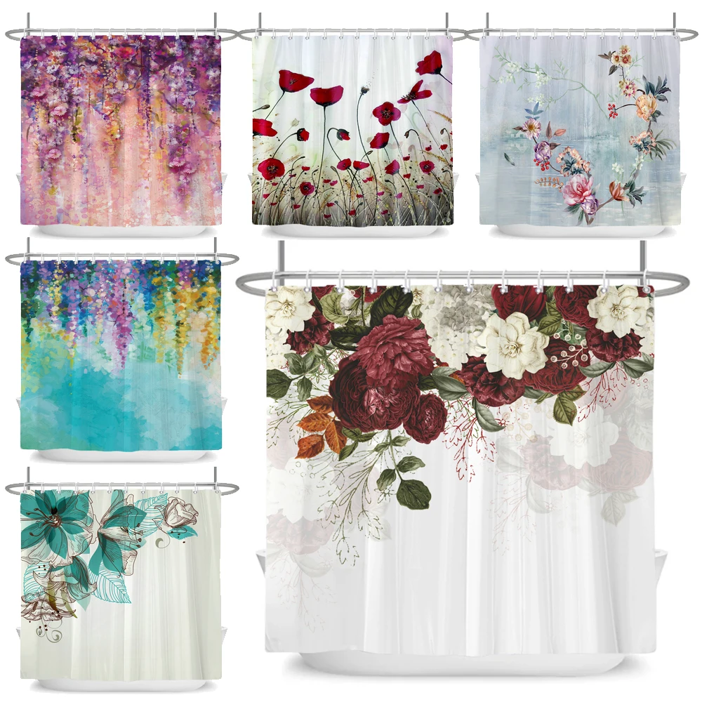 

Nordic Simplicity Flowers Printed Shower Curtain Art Floral Waterproof Fabric Bathroom Curtains Room Decor Curtain With Hooks
