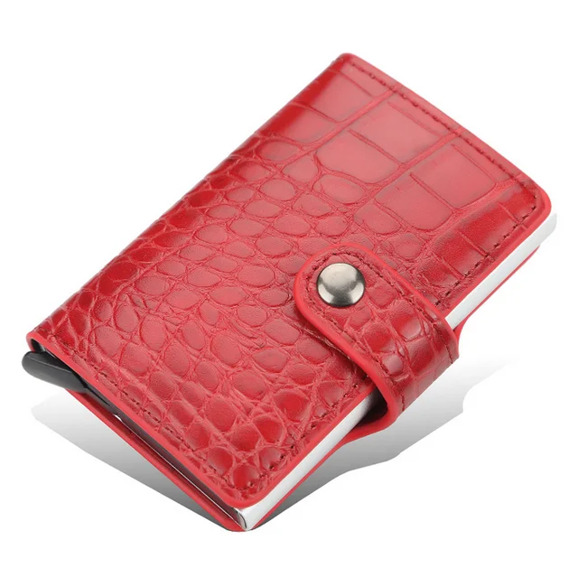 Blocking Vintage Men Credit Card Holder Aluminum Alloy Business ID Card Case Automatic Male Metal Leather Cardholder Wallet 2021 red 3