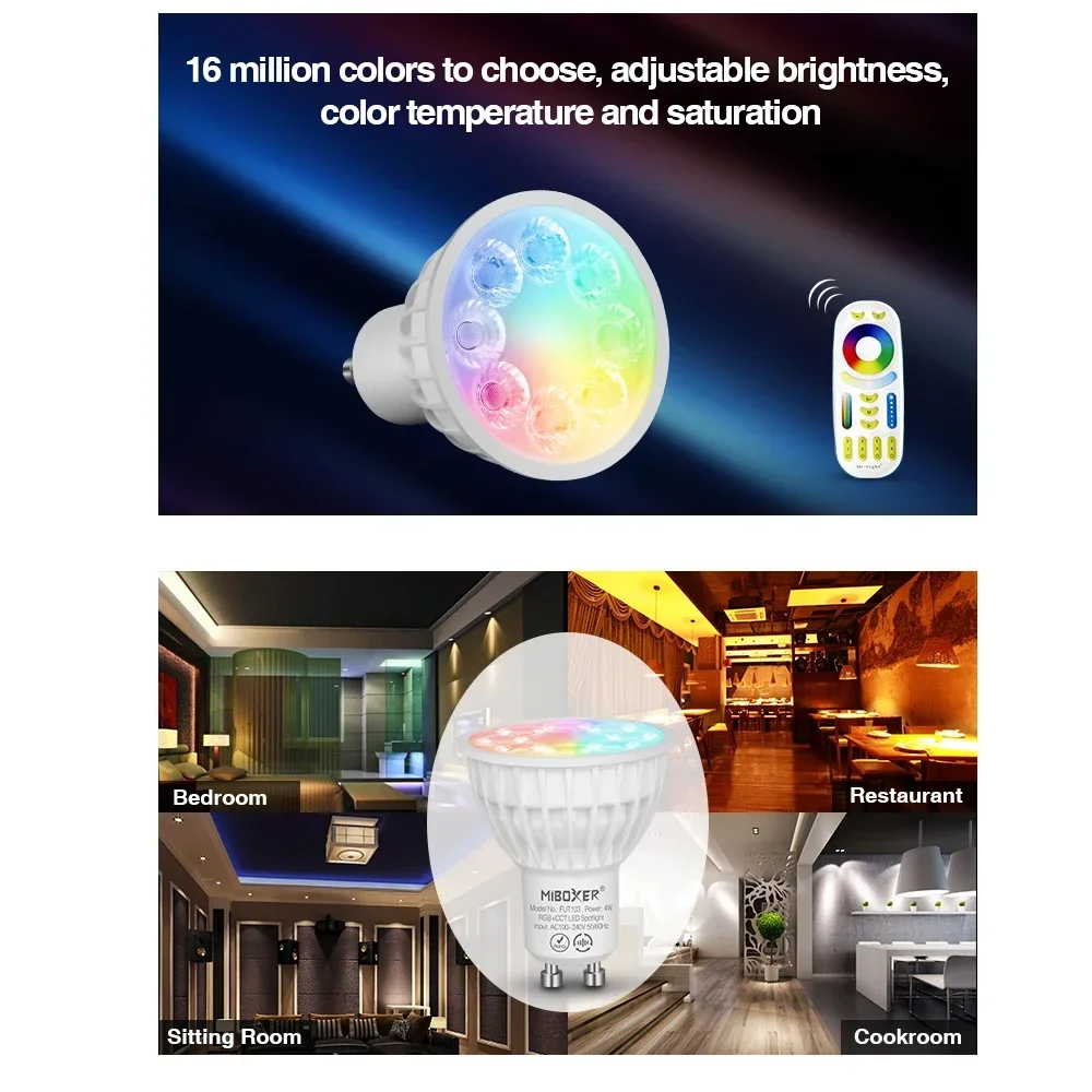 Фото Miboxer FUT103 2,4G 4W GU10 RGB + CCT светодиодный Spotlight 110V 220V AC внутренняя лампа Milight 2,4G RF пульт дистанционного управления APP управление №4