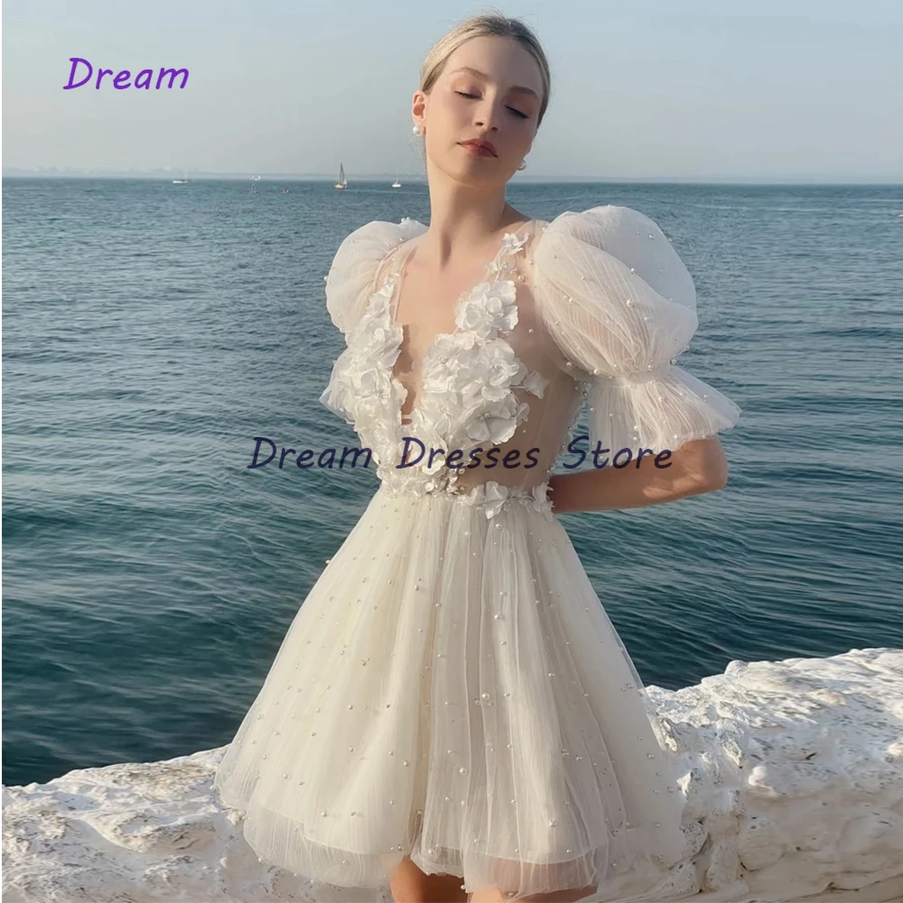 Charming Short Cocktail Dresses White Beading 3D Flower Mini Length Homecoming Dresses Prom Dress Vestidos De Coctel
