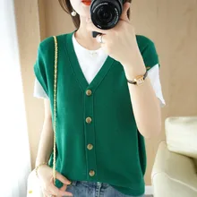 

Spring And Summer New Ladies Knitted Waistcoat V-Neck Vest Loose Elegant Retro Fashion All-Match Casual Small Cardigan