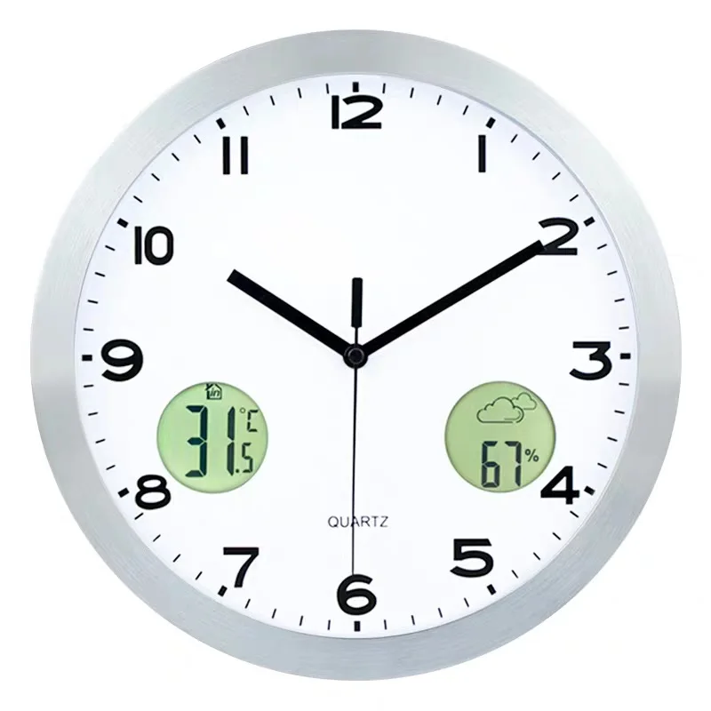 

Модные новые металлические настенные часы с ЖК-дисплеем и измерителем температуры и влажности, простые тихие декоративные настенные часы в скандинавском стиле