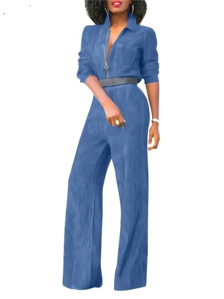 Fashion V Neck Long Sleeve Jumpsuit Women's Spring Autumn Casual Zipper Denim Jumpsuit Elegant Solid Female Office Jumpsuits