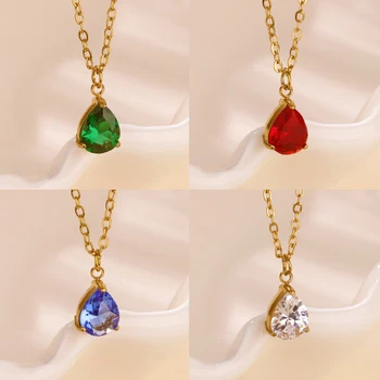Waterdrop Birthstone Necklaces for Women Stainless Steel Gold Color Necklace Fashion Wedding Waterproof Jewelry Gift