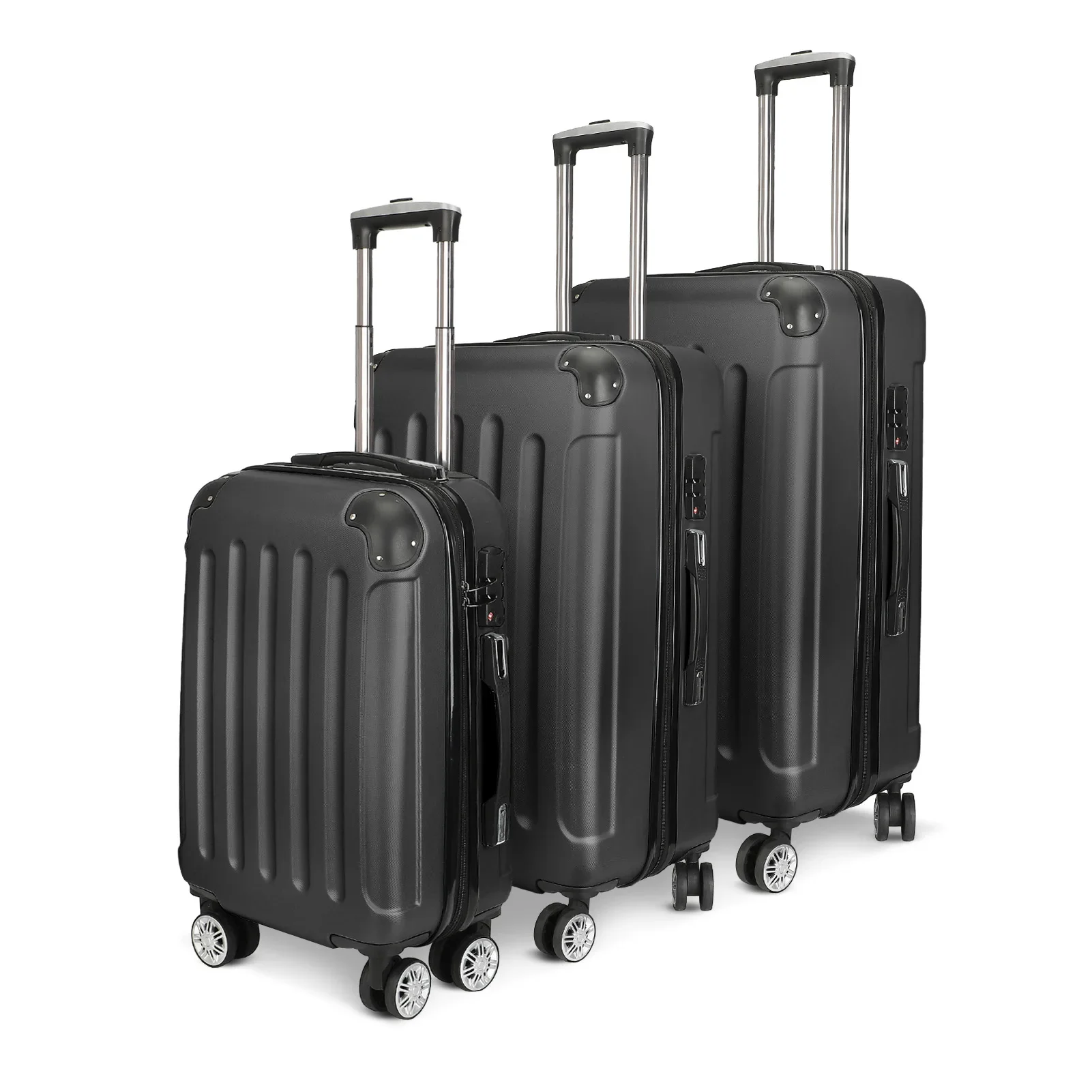 Roshanda 3-teiliges Kofferset 20"24"28" ABS Hartschalen-Reisegepäckset 4 Räder Reißverschluss Teleskop-Zugstange M-L-XL-Set, Schwarz