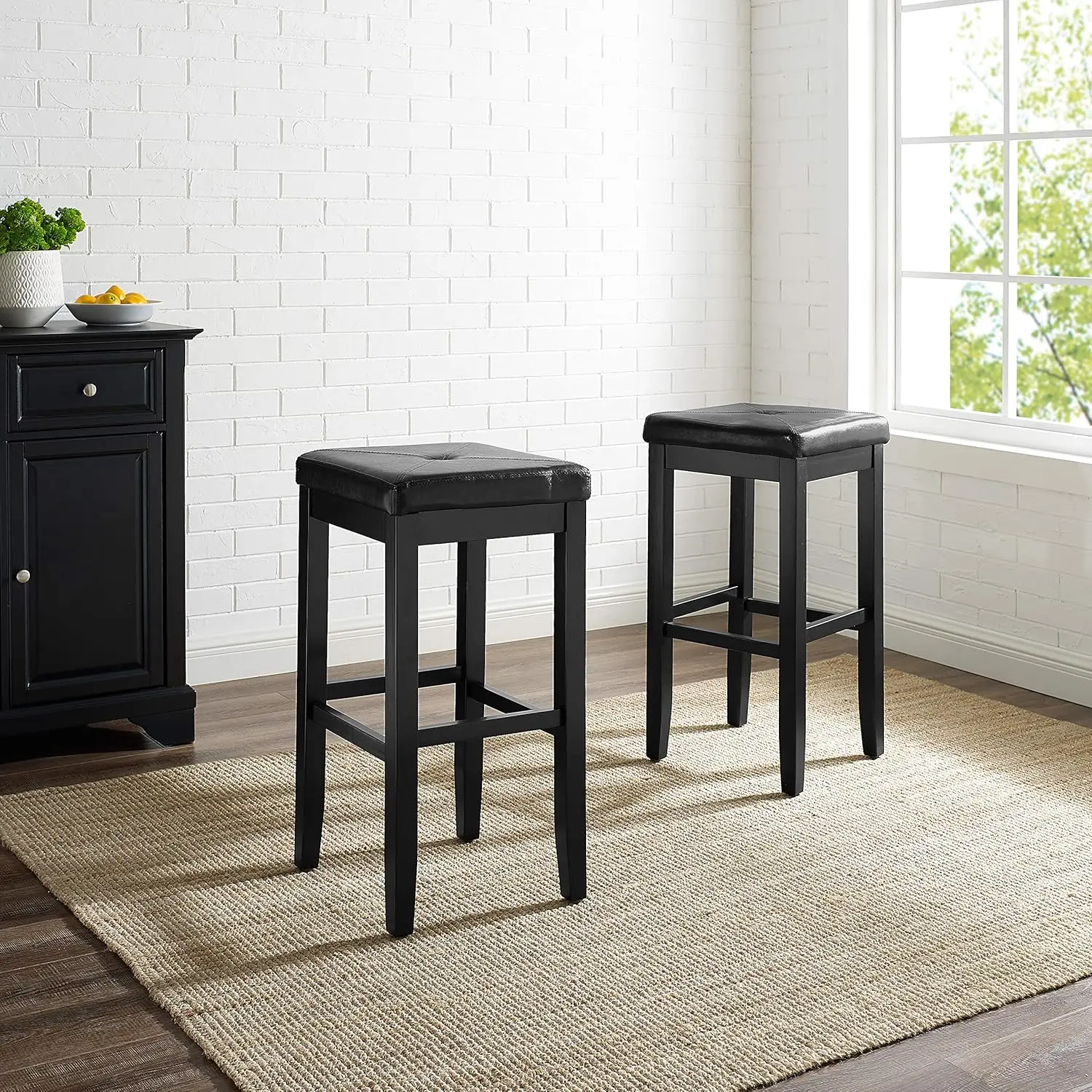 Upholstered Square Seat Bar Stools Set of 2, Black, 29-inch