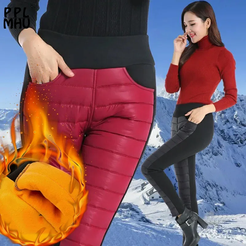 

Wear Warm Pants Women Patchwork Add Velvet Leggings Elastic High Waist Casual Pencil Trousers Slim Thicken Mom Pantalones Z205