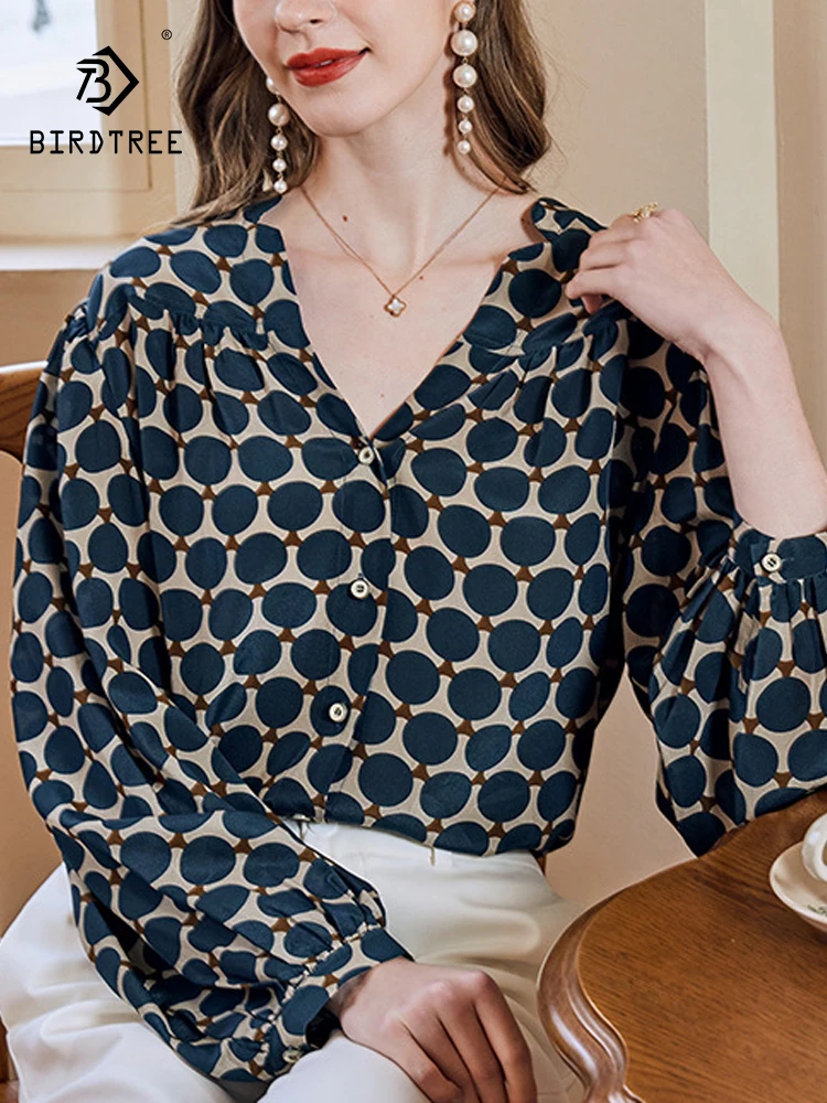 

Элегантная рубашка BirdTree из 100% натурального шелка, женская рубашка с длинным рукавом и V-образным вырезом, свободная французская блузка для работы, лето-осень 2024, T47442QC
