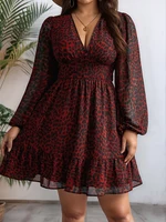Plus Size 2025 Spring Summer New Women's Sheer Jaguar Printed Double Layers Long Sleeve Dress Polyester Material