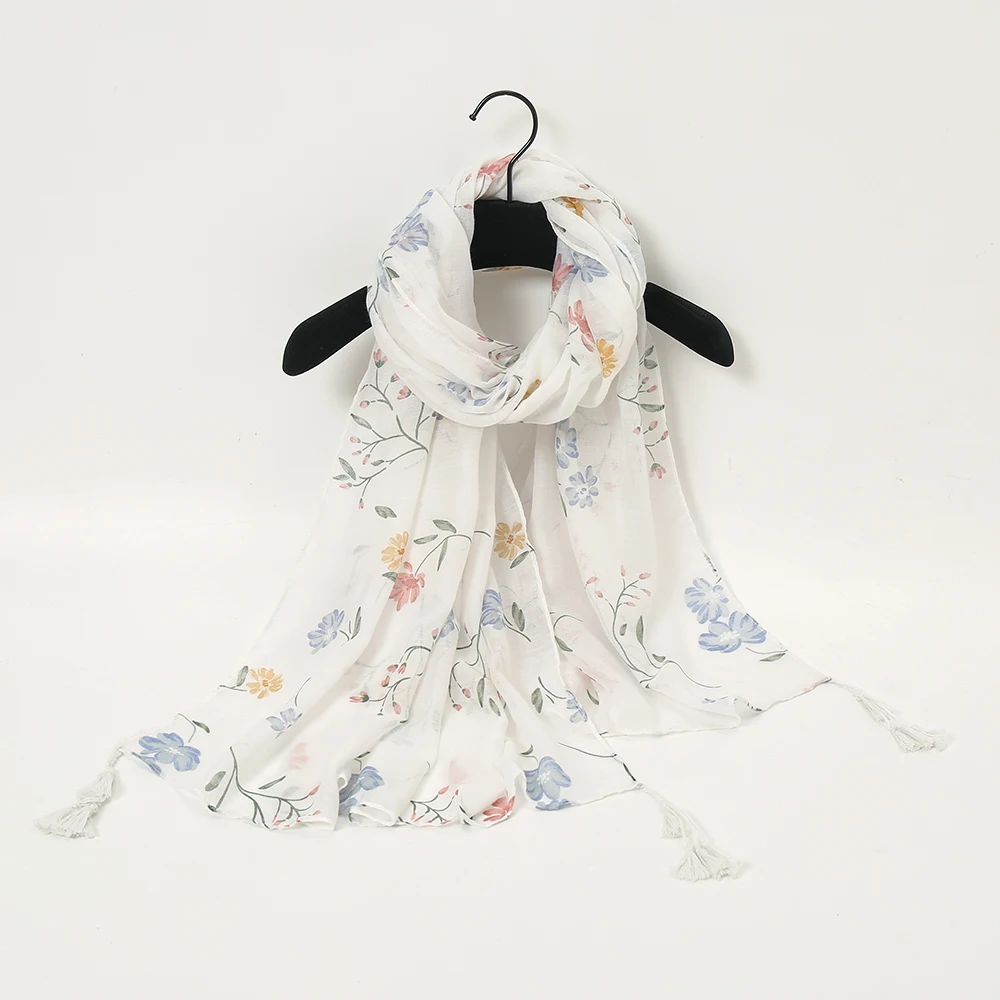 

New refreshing travel sun protection shawl with cotton and linen texture, voile floral pastoral style women's tassel scarf