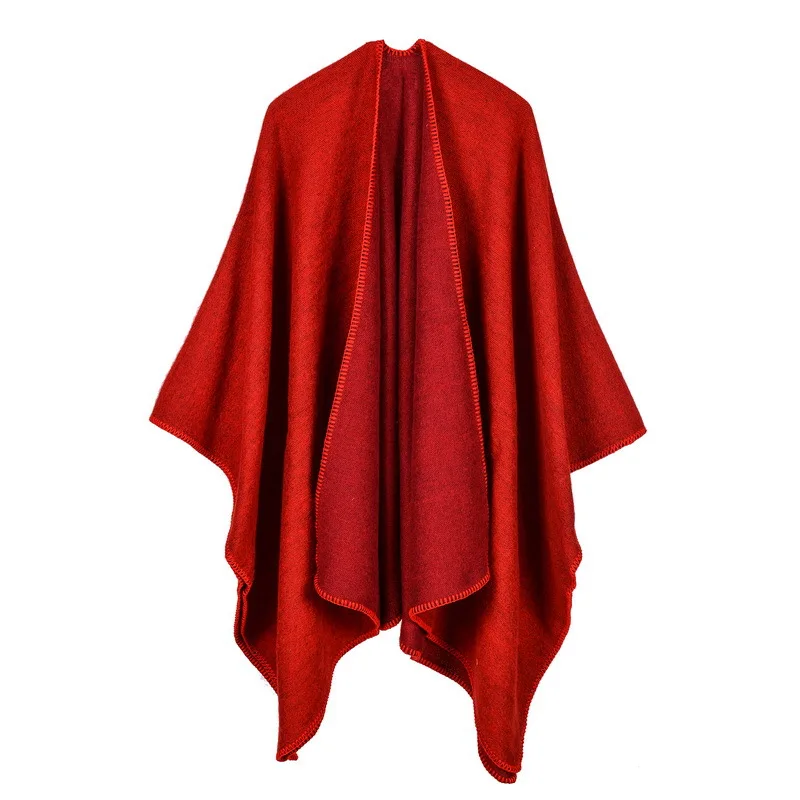 

Autumn Winter Solid Color Imitation Cashmere Large Fork Shawl Warm Monochrome Cloak Ponchos Capes Red