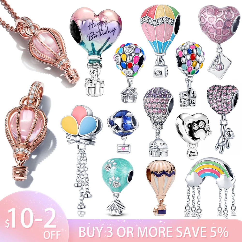 

925 Sterling Silver Rose Gold Hot Air Balloon Charm Bead Women Gift DIY Pendant Fit Original Bracelet Charms for Jewelry Making