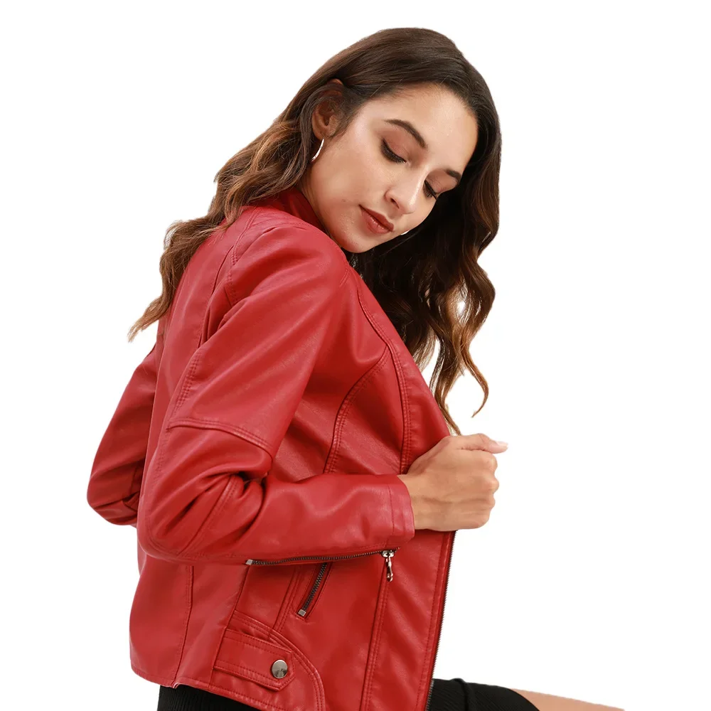 high quality short leather jacket for women long sleeve big size slim motorcycle jacket new 2023 autumn clothing black brown