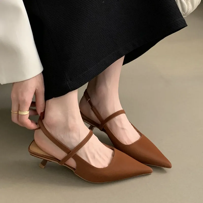 Women White Sandal Fashion Pointed Toe Shallow Slip On Slingback Shoes Thin Med Heel Outdoor Dress Muler