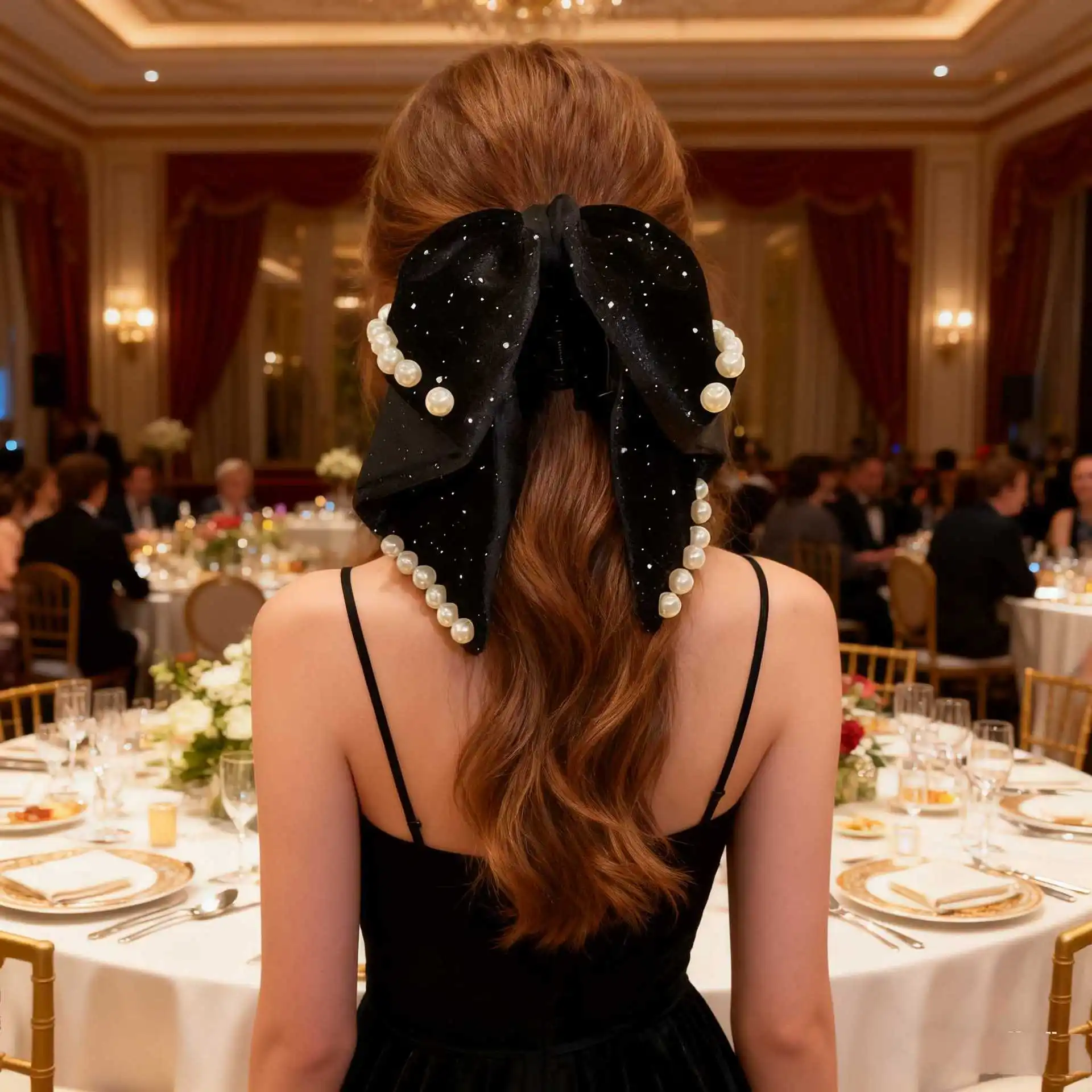 1PC Women's Sparkly Velvet Bow Hair Clips With Pearls Black & Burgundy Fashion Hair Accessories Elegant Party Hair Decoration