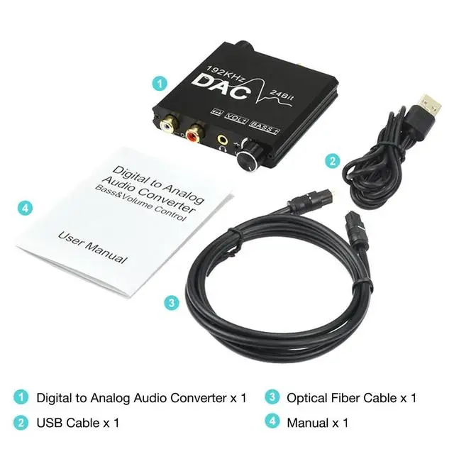 Convertitore Audio digitale-analogico DAC 192KHz/24Bit SPDIF digitale ottico Toslink coassiale ad analogico Stereo L/R RCA e Jack da 3.5mm Converter with Bass and Volume Adjustment for PS3 PS4 DVD Apple TV Home Cinema