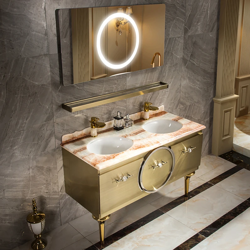 

Customized Light Luxury Style Stainless Steel Bathroom Cabinet Set Bathroom Washbasin Simplicity Marble Bathroom Vanity