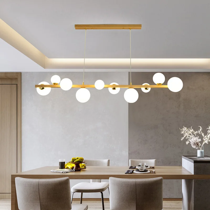 

Milky Glass Ball Ceiling Chandelier For Dining Table Kitchen Island Modern Minimalism Imitation Wood Grain Suspension Luminaire