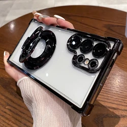 Four Corners Air Cushion Anti-Drop Transparent Electroplated Magnetic Stand Protective Case for SamsungS24Ultra (Black)
