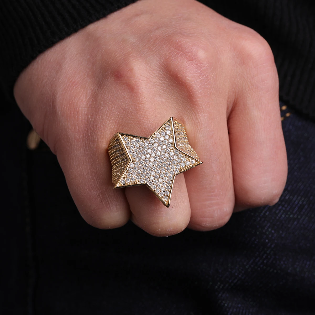 Drip Letter Ice Out Five Pointed Star Ring for Men Real Copper