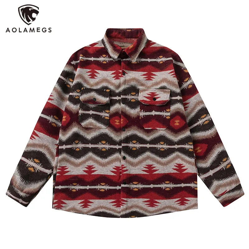 

Aolamegs Men Woolen Long-sleeved Shirt Vintage Ethnic Style Blouse Coat Harajuku Retro Geometry Pattern Jacket Top Unisex