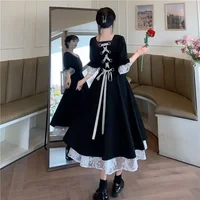 Lolita Unique Large Size Black Dress Women's 2025 New Style Hepburn Style Korean Daisy Lace Long Skirt Midi Dress