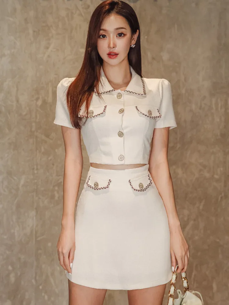 european and american chic temperament headband female baroque hand stitched glass drill pearl heart decorative hairband Sweet Temperament White Puff Sleeve Lapel Coat Women Single-breasted Short Jacket Summer Fashion Mini Skirts Matching Sets Chic