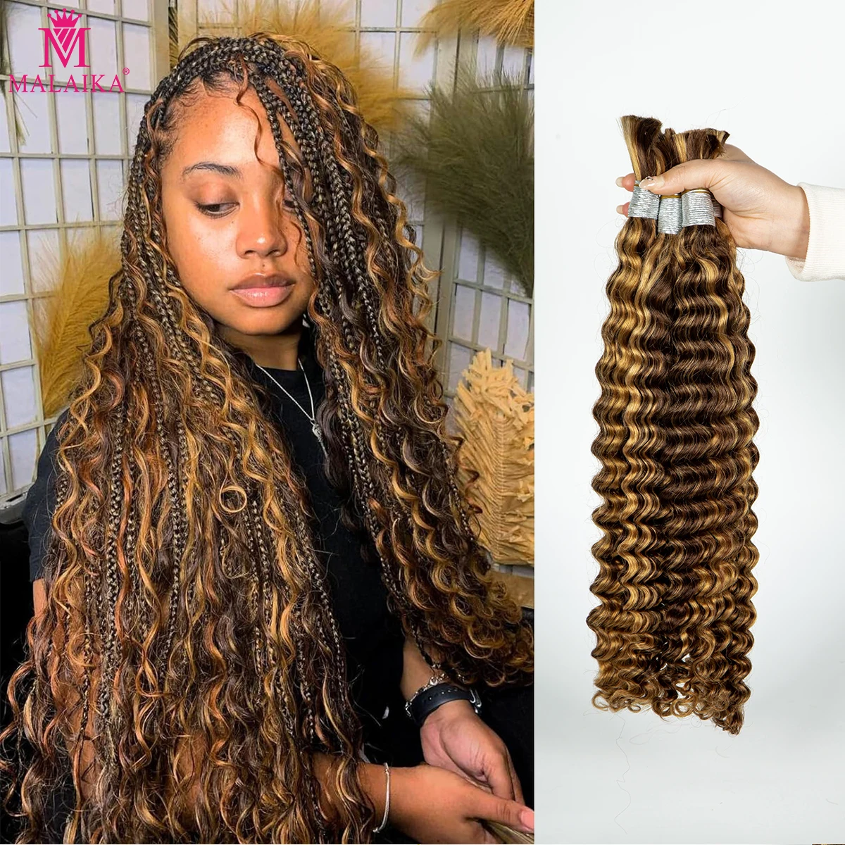 28 In 4/27 Color Deep Wave Bulk Human Hair for Braiding No Weft Virgin Hair Curly Human Braiding Hair Extensions for Boho Braids