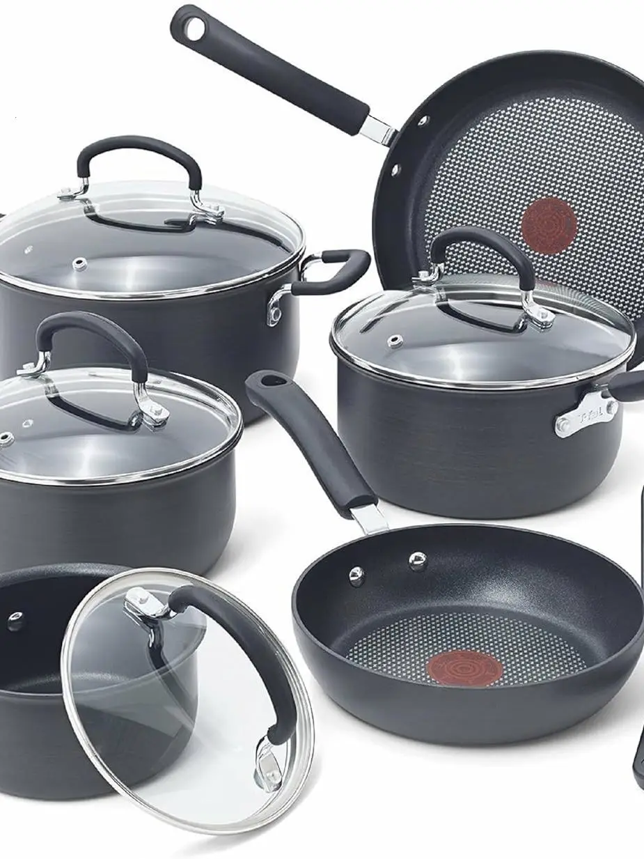 

T-fal Ultimate Hard Anodized Nonstick Cookware Set 12 Piece Oven Safe 400F, Lid Safe 350F Pots and Pans, Dishwasher Safe Black