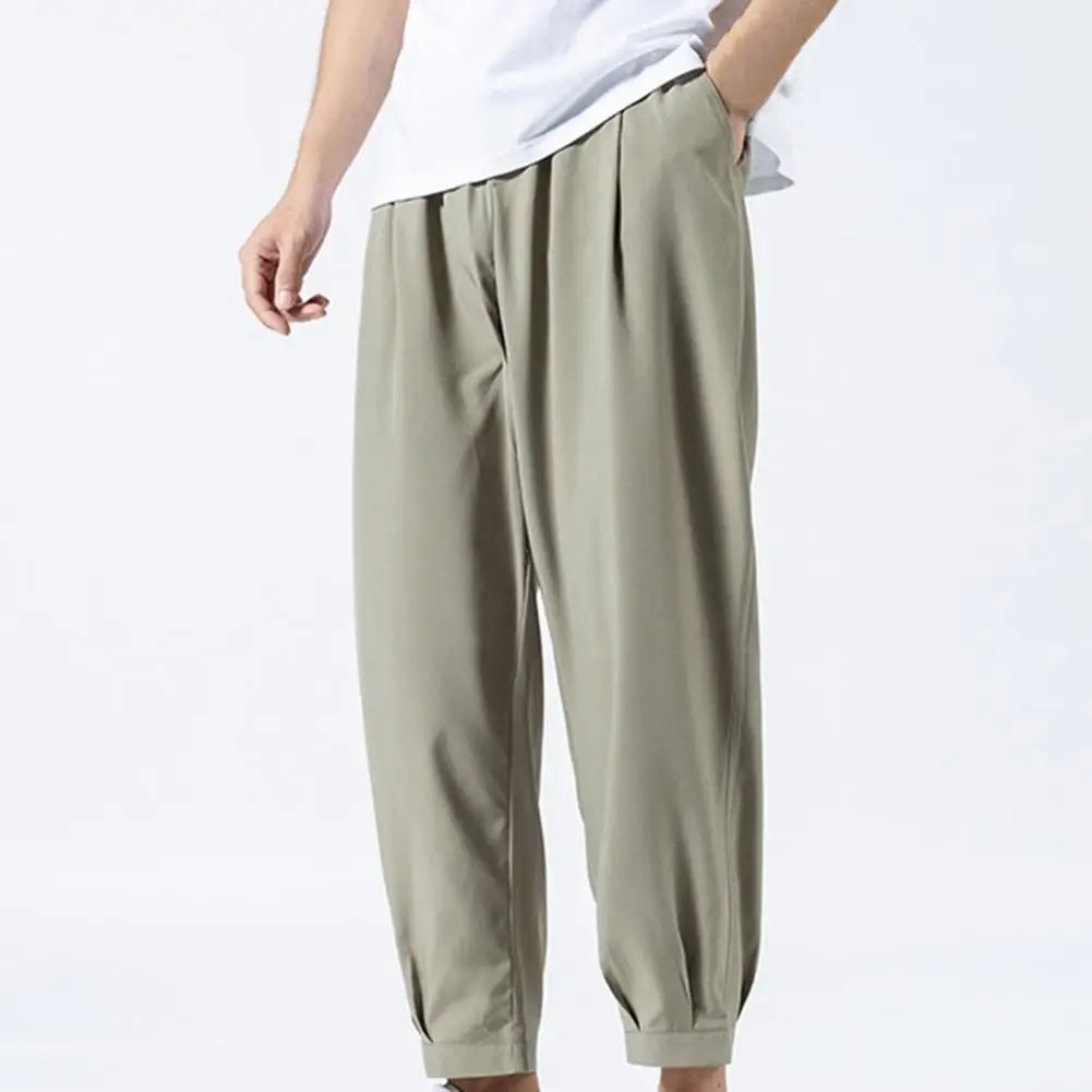 Solid Color Men Pants Ankle-length Smooth Wide Leg Ankle Tied Oversize Pants Sweatpants