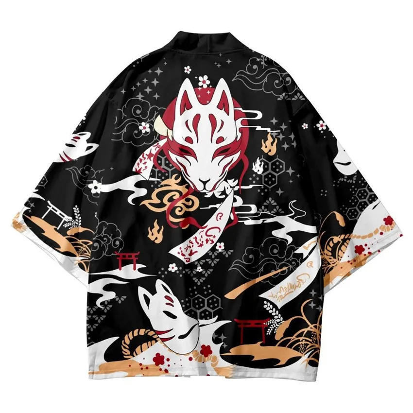 Flower Fox Kimono Yukata Men Women Cardigan Loose Blouse Haori Obi Asian Anime Clothes Harajuku Japanese Kimono