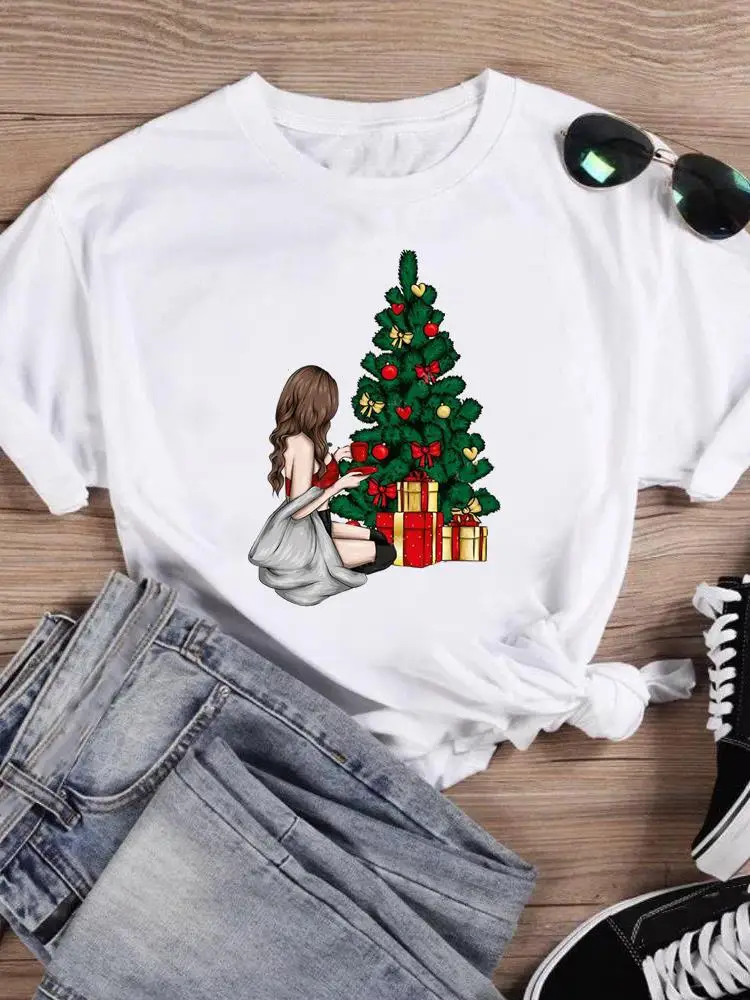 

Clothing Fashion Female New Year T-shirts Merry Tree Gift Happy Time Christmas Women Holiday Shirt Print T Top Graphic Tee