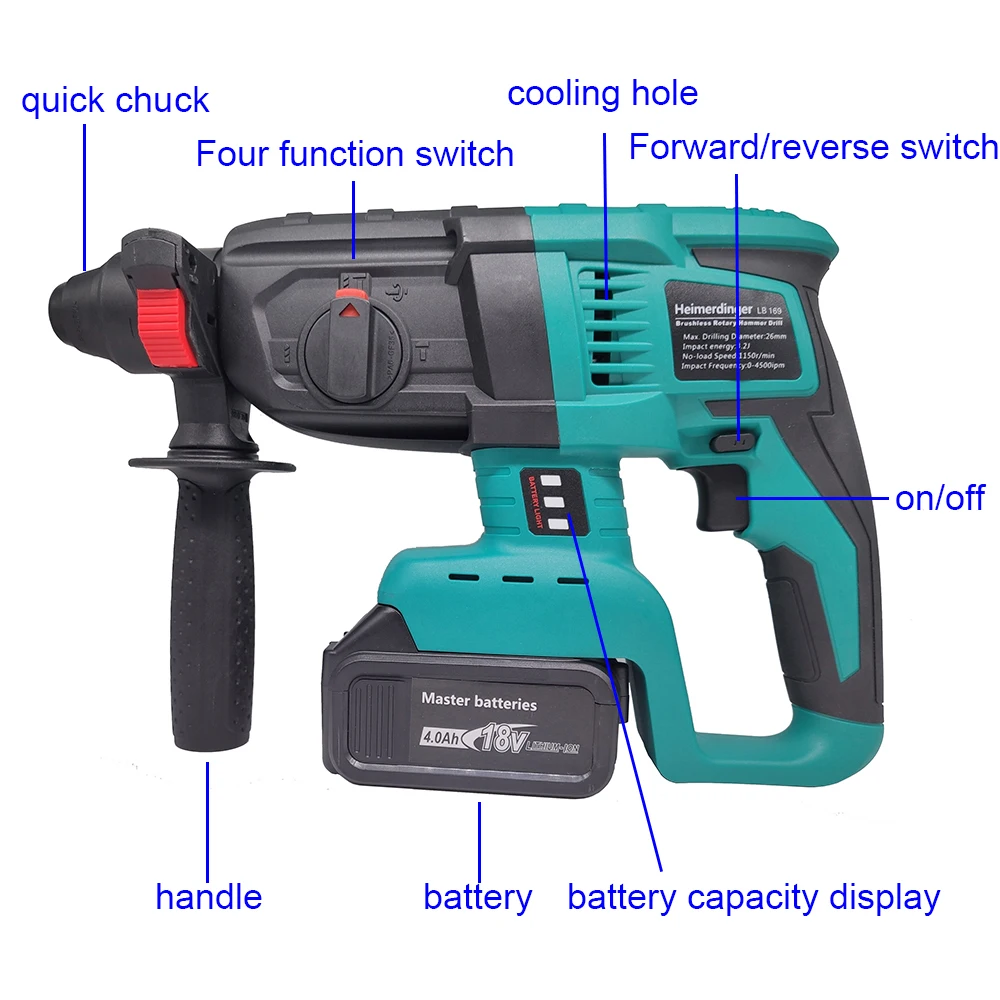 18V rechargeable lithium battery powered brushless cordless rotary hammer drill electric Hammer impact drill 6