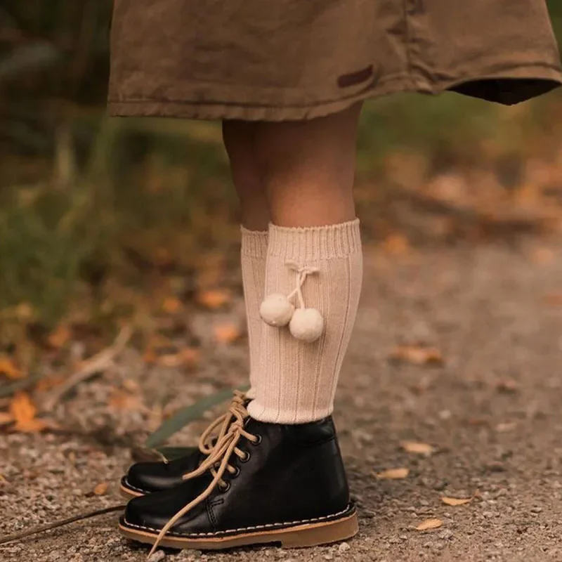 Autumn Winter Warm Baby Knee High Stockings Cotton British Princess Long Bow Pom Tube Socks for Girls Leggings Clothes Stuff