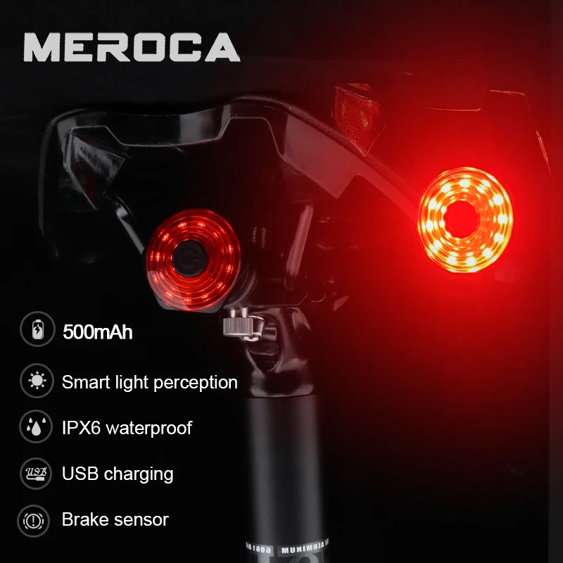 Meroca Fiets Achterlicht Smart Auto Rem Detectie Licht Ipx6 Waterdichte Led Ondersteuning Usb Opladen 500Mah Fietsen Fiets Achterlichten