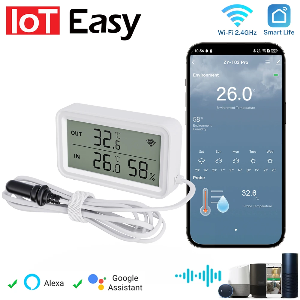 Nuevo Sensor Tuya Wi-Fi medidor de temperatura y humedad LCD Digital conveniente con asistente de Google Smart Life, con sonda externa
