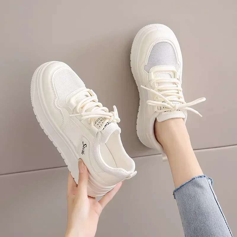 2025 Summer Mesh Breathable New White Shoes Women's Thick