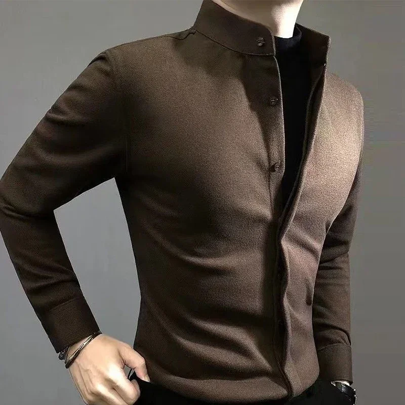 Spring Autumn Male Stand Collar Thick Warm Bottoming Shirt Homme Long Sleeve Casual Fashion Vintage Buttons Blouse Men Top Homme women blouse sexy stand collar button lace hollow out top petal long sleeve elegant lady casual round neck shirt 2021 spring