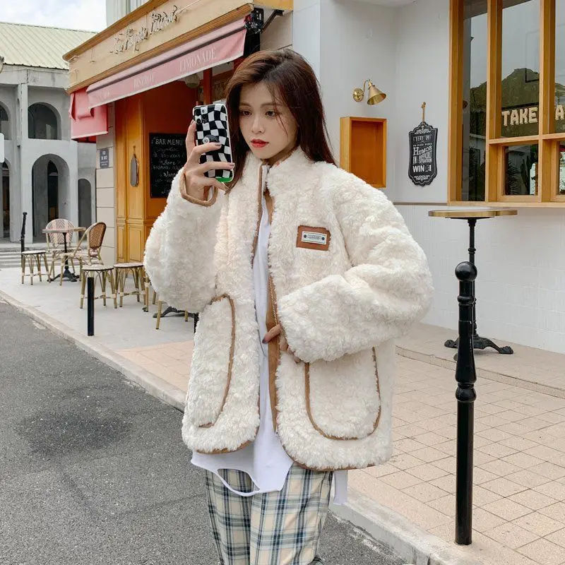 

Winter Warm Zipper Fur Patchwork Jacket Female Plush Overcoat Pocket Outwear Elegant Faux Fur Coats Women Lambs Wool Coat Jacket