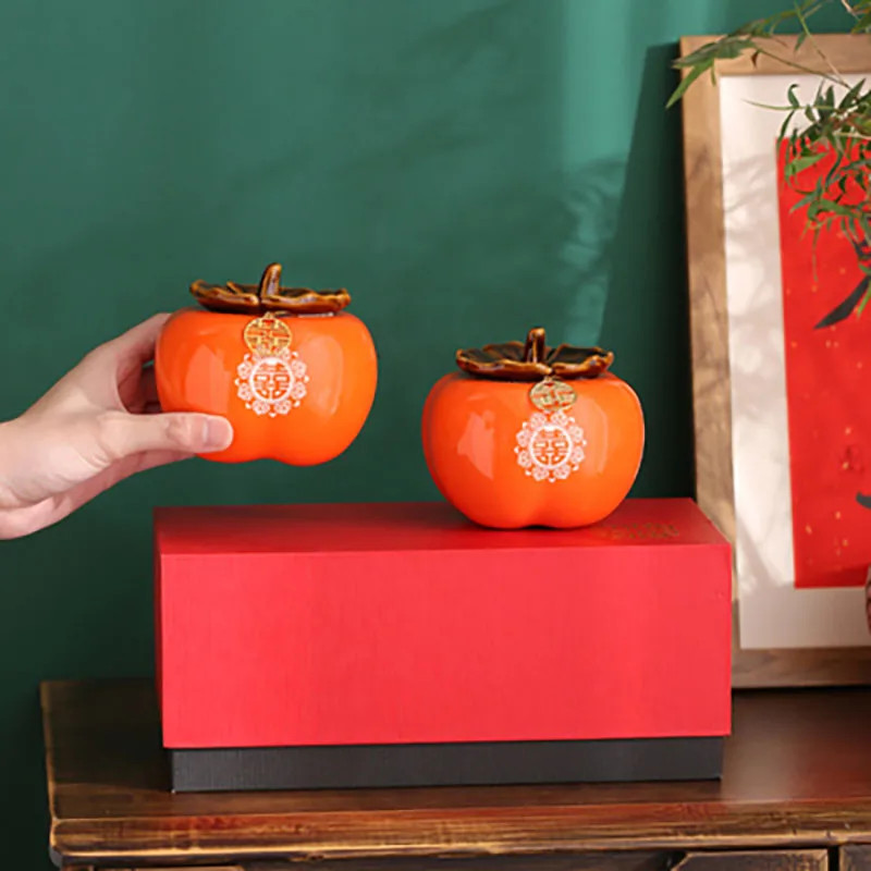 Chinese Traditional Wedding Persimmon Shape Ceramic Candy Jar, Tea Canister, Multipurpose Porcelain Storage Jars, Home Decor G