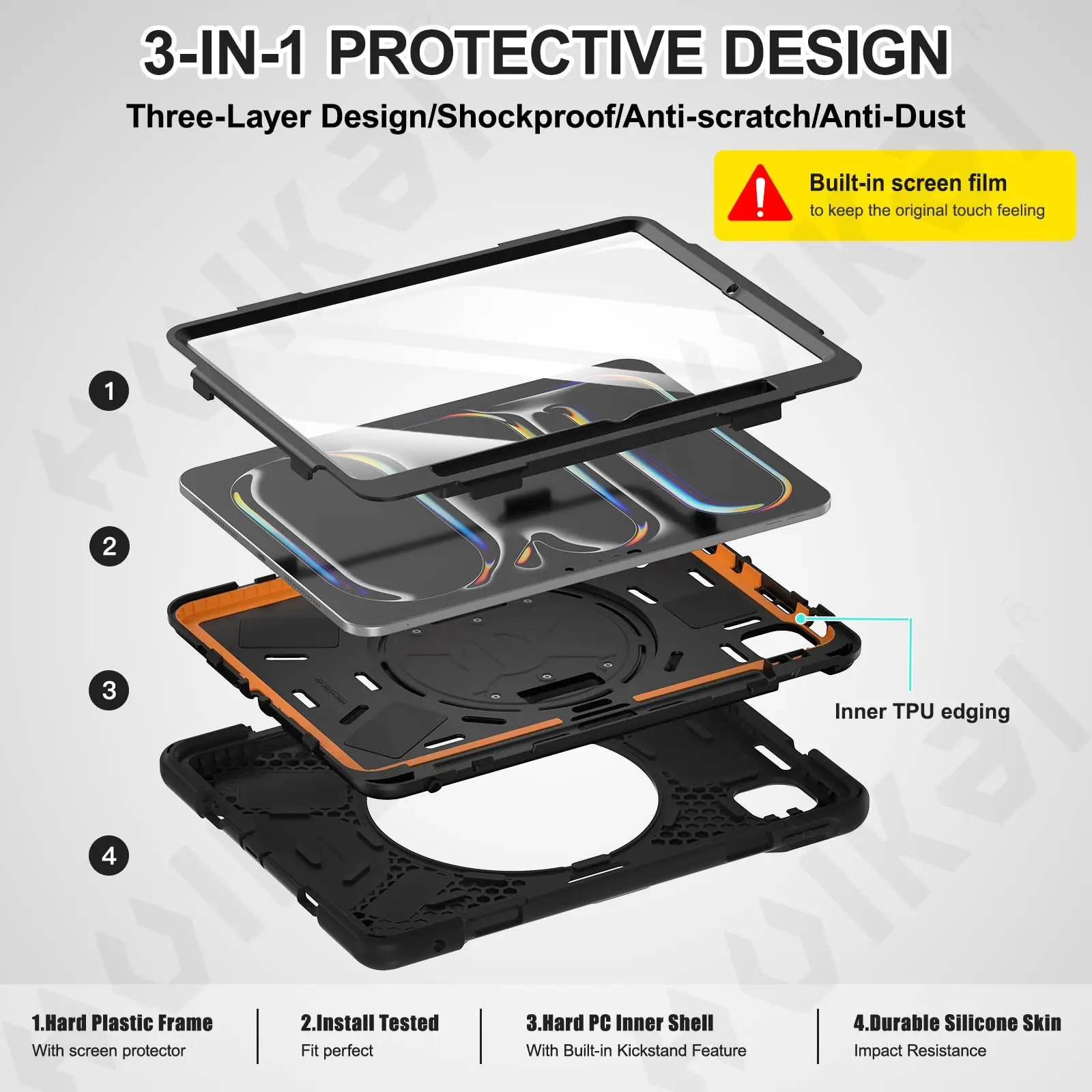 Heavy Duty Rotating Shockproof Tablet Case with Stand and Hand/Shoulder Strap - Black