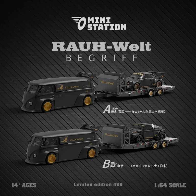 

**Pre-Order** Mini Station 1:64 RWB & T1 Van Stella Artois Matte Black w/Trailer Set A / B limited499 Diecast Model Car