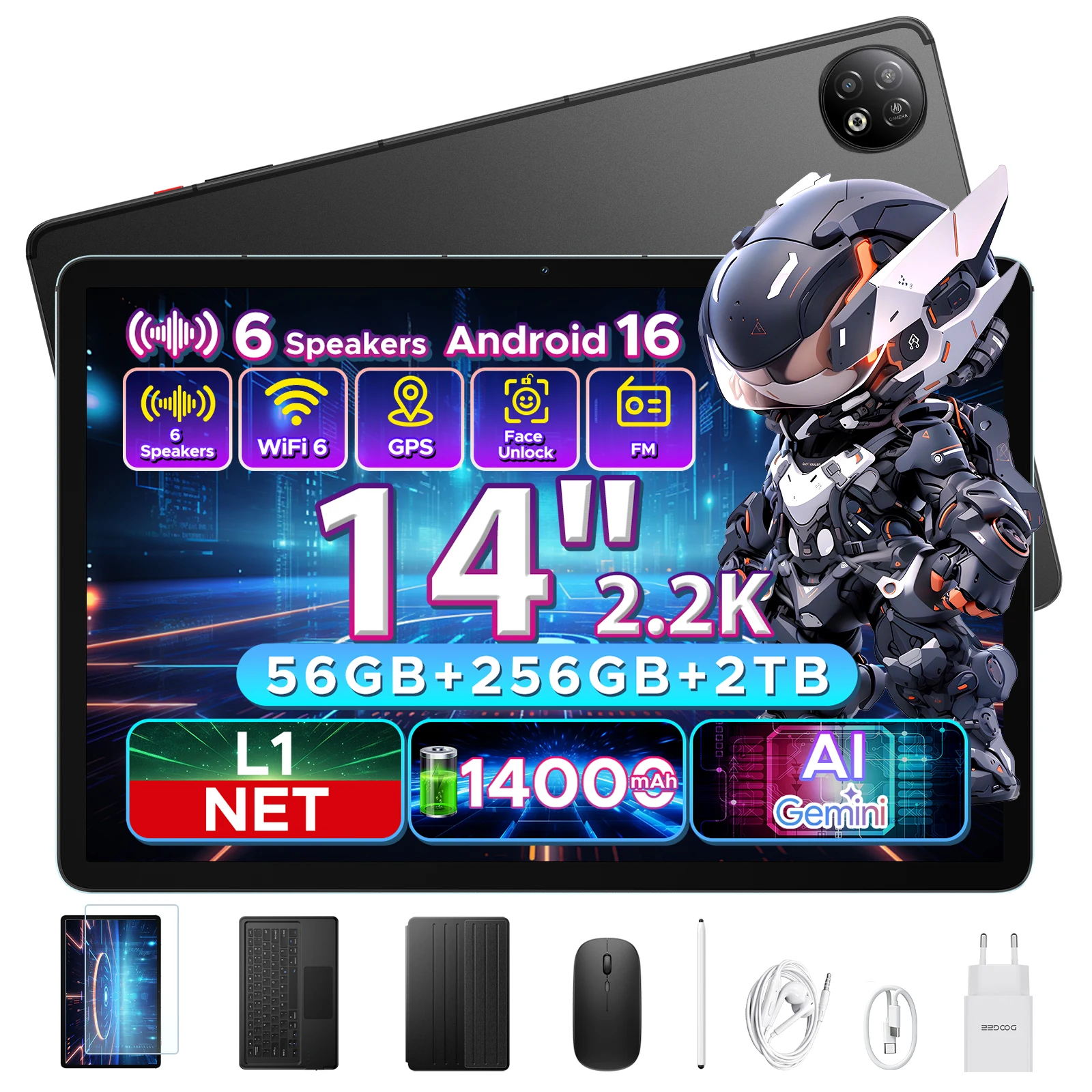 Tablette PC DOOGEE U14 2 en 1 avec WIFI, Gemini Ai, écran Incell de 14 pouces 2.2K, batterie de 14000 mAh, 56 Go de RAM (8+48), 256 Go de ROM, appareil photo principal 16MP, Widevine L1, compatible avec les tablettes intelligentes. 1
