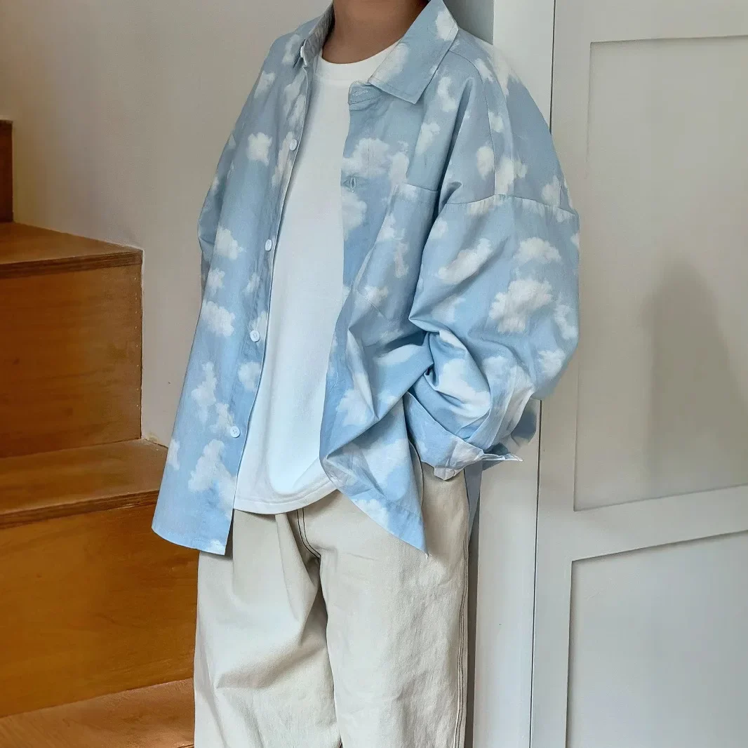 Spring 25 Loose Fit Children's Shirt Blue Fresh Washed Cotton Cloud Print Boys' Clothing Korean Style Kids' Top