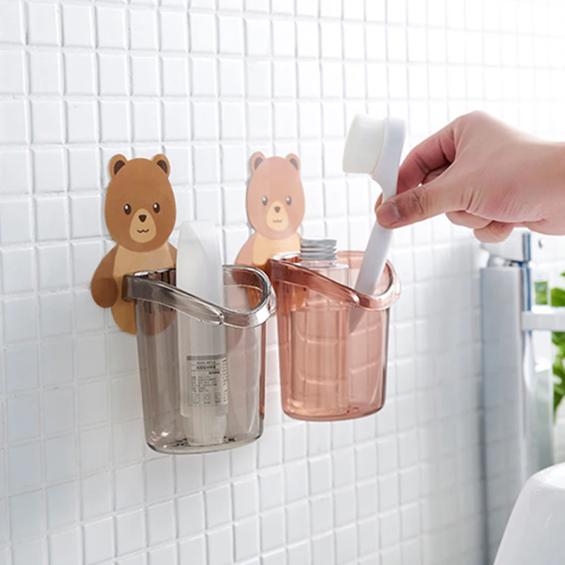 

Cute Cartoon Bear Wall Mount Toothbrush Holder Cup Punch Free Storage Rack Bathroom Supplies