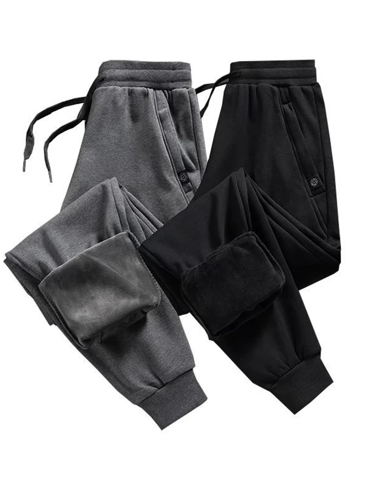 Winter Pants Men Fur Lined Joggers Thick Sweatpants Drawstring Trousers Men Fleece Running Pants Warm Velvet Ankle-Tied Pants