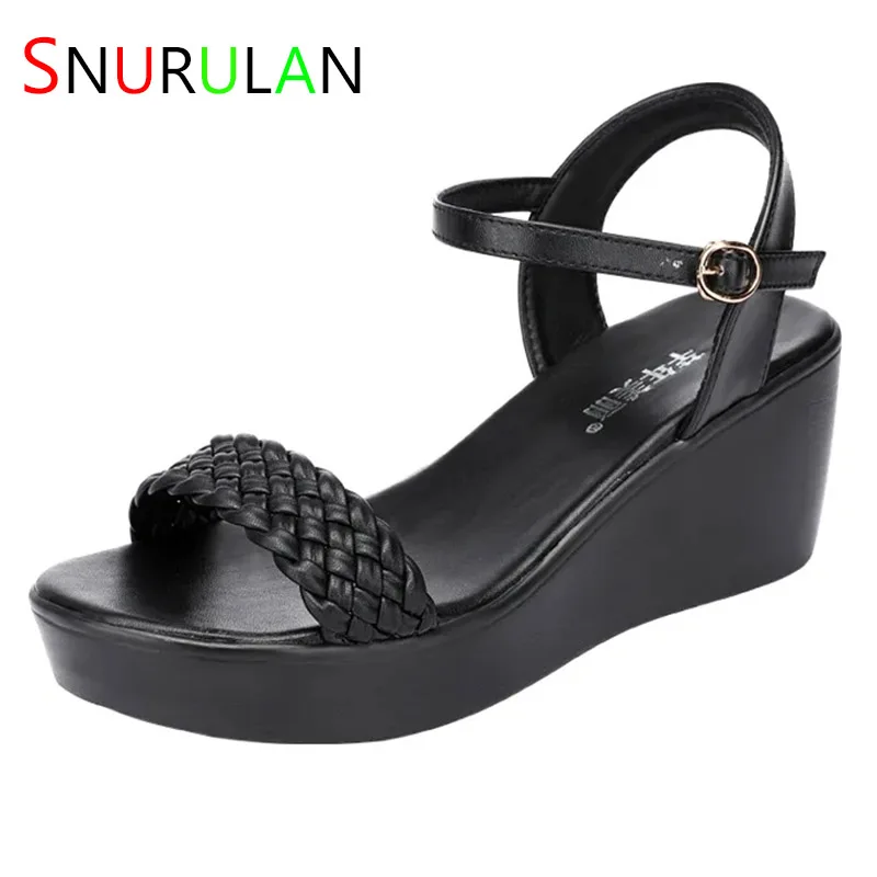 

Small Size 32-43 Fashion Soft Leather Platform Shoes Women Summer 2023 All Match Med Heels Wedges Sandals for Office Mom