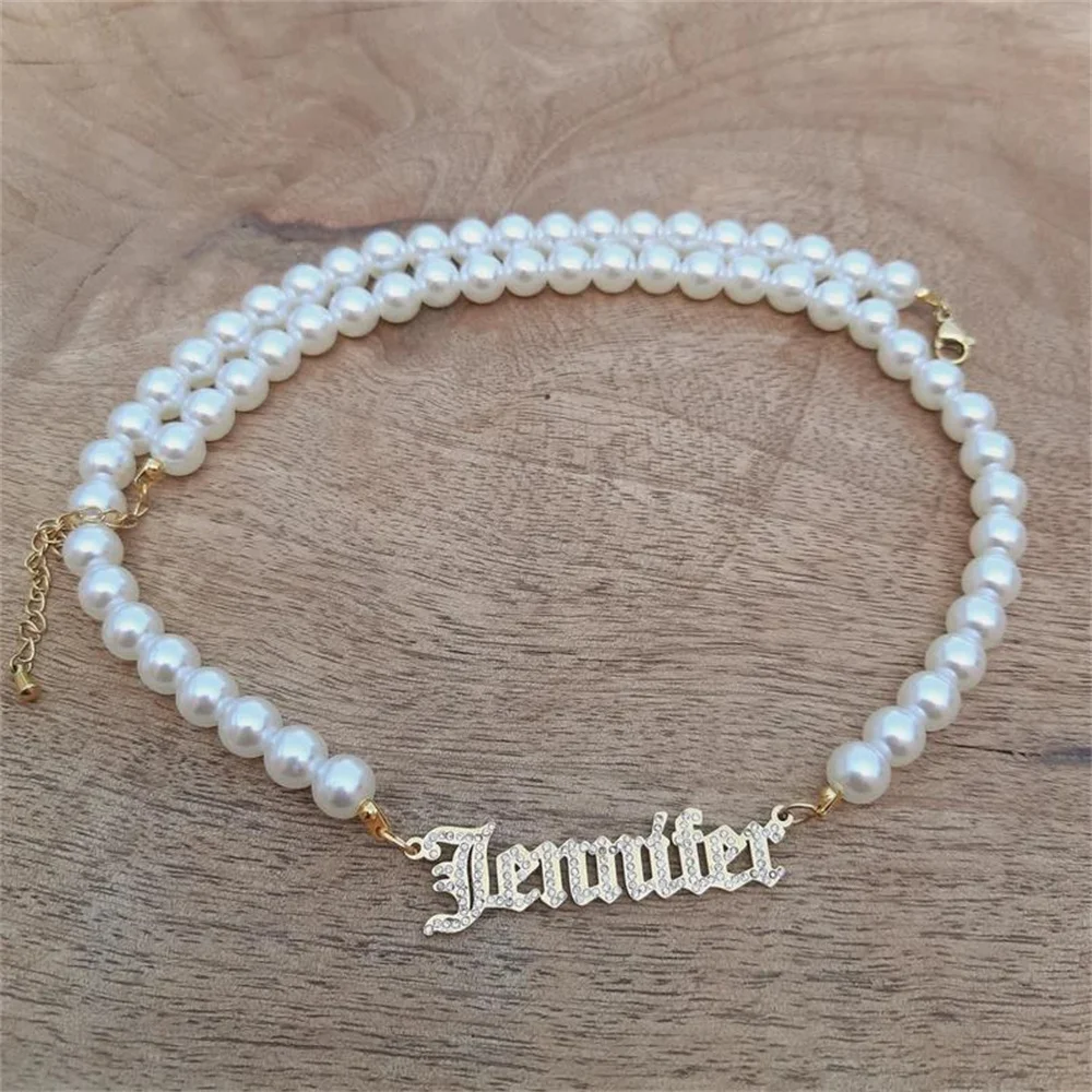 Fashion Stainless Steel Personalized Name Necklaces Custom Name Pearl Necklace For Women Pearl Beads Chains Elegant Jewelry Gift